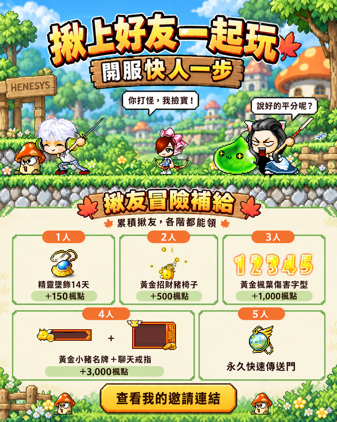 揪上好友一起玩，邀請1至5人逐階獎勵宣傳圖