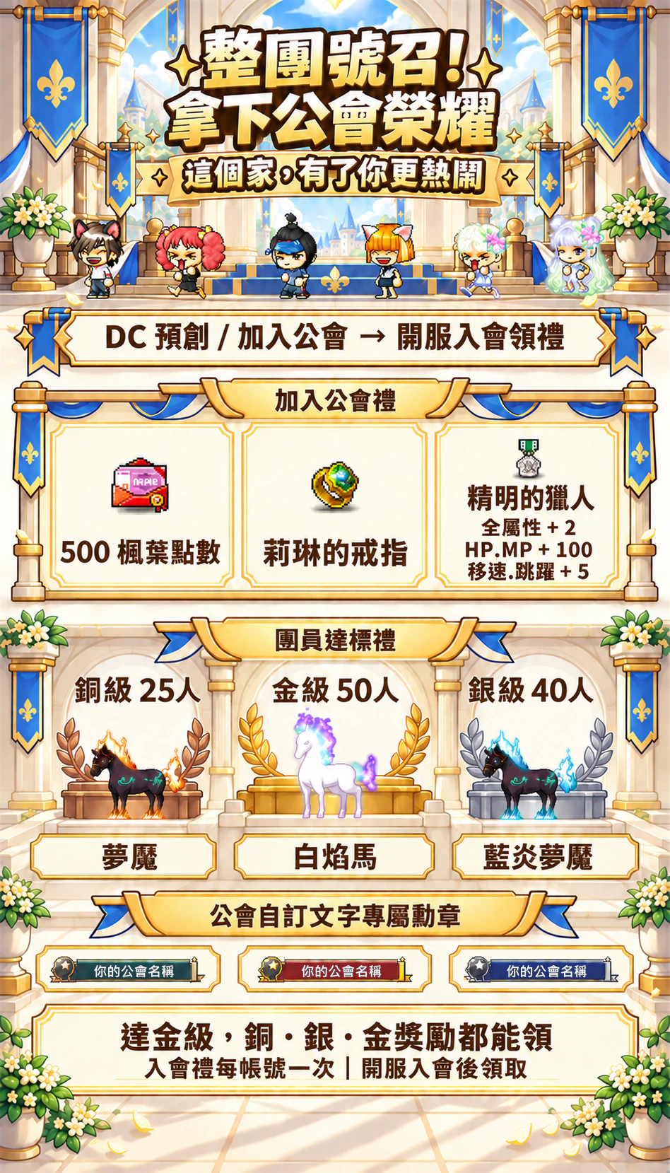 公會入會禮、銅銀金級坐騎及自訂勳章獎勵圖